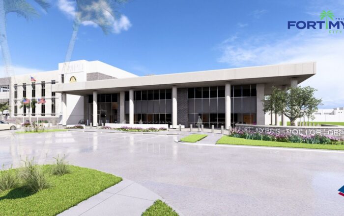 Rendering of the main entrance to the future Fort Myers Police Department headquarters